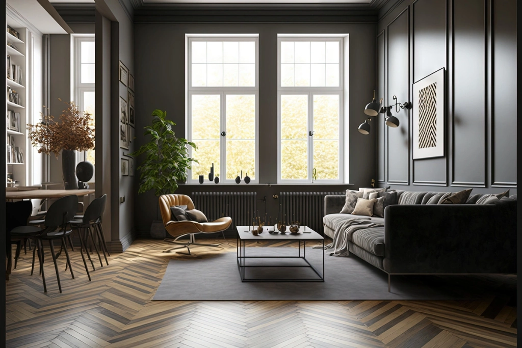 Un salon moderne avec des fenêtres en bois blanc, des murs sombres, un sol en parquet à chevrons, un canapé confortable, une chaise élégante et une table basse en métal noir avec des décorations minimalistes.